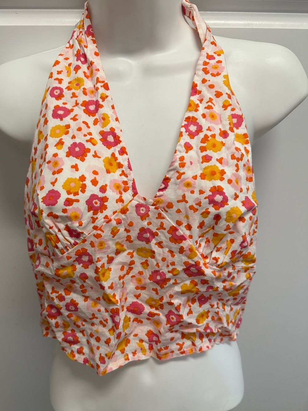 bp Floral Halter Crop Top in White, Pink & Orange-Yellow